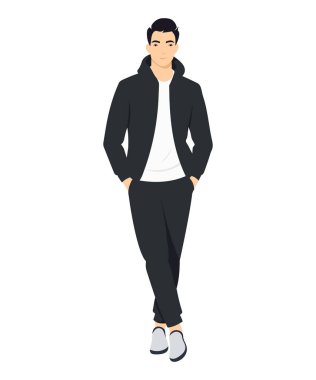 Siyah ceketli, beyaz tişörtlü ve siyah pantolonlu bir adamın vektör çizimi..