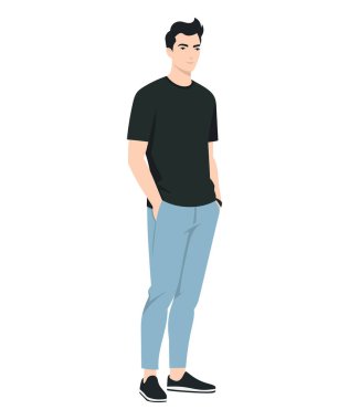 Vector illustration of a man. Black T-shirt and light blue pants