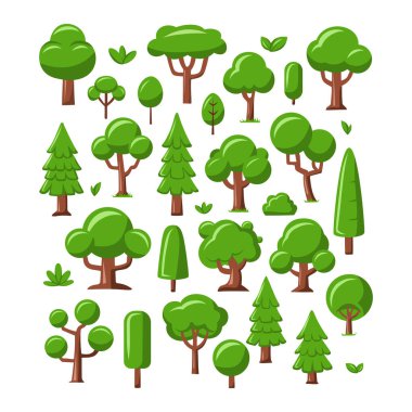 Çizgi film Düz Tarzlı Ağaçlar. Çeşitli ağaç ve çalılar içererek, doğa, ekoloji, bahçıvanlık ve ormancılık konulu projelerde kullanılmak için ideal hale getiriyor..