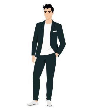 Siyah takım elbiseli, klasik ayakkabılı bir adamın vektör çizimi..