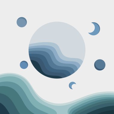 Gezegenler ve dalgalarla soyutlama. Gezegeni andıran yuvarlak şekilli vektör çizimi ve mavi ve açık mavi tonlu dalgalı çizgiler.