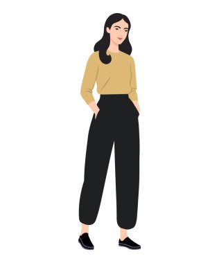 Sarı kazaklı ve siyah pantolonlu bir kızın vektör çizimi.