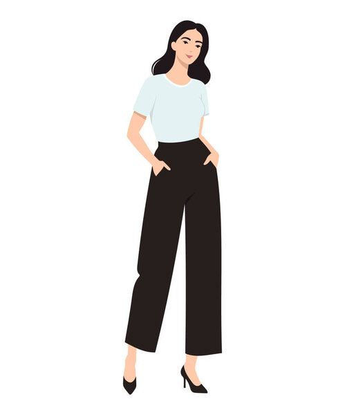 Векторная иллюстрация девушки в повседневном виде с белой рубашкой с коротким рукавом и черными брюками.
