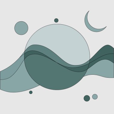 Soyut daireler ve yeşil ve gri tonlarda dalgalı çizgilerle vektör illüstrasyonu, hareket ve ritim duygusu yaratır.