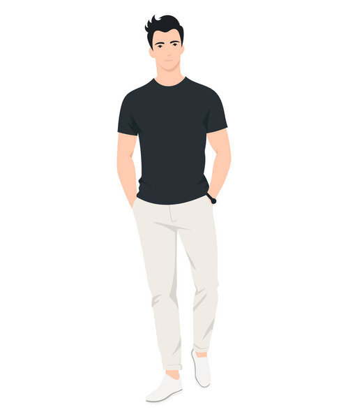 Векторная иллюстрация. Мужчина в черной футболке и легких брюках, стоящих в расслабленной позе.