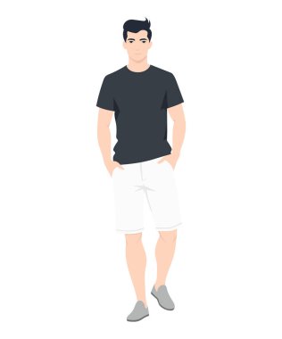 Siyah tişörtlü ve açık renk şortlu genç bir adam. Yaz havası, yürüyüş için mükemmel..