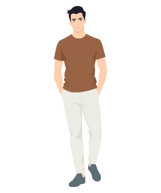 Vektör çizimi. Kahverengi tişörtlü ve açık renk pantolonlu elleri ceplerinde duran bir adam. Günlük yaşam ve yürüyüşler için gayri resmi görüntü.
