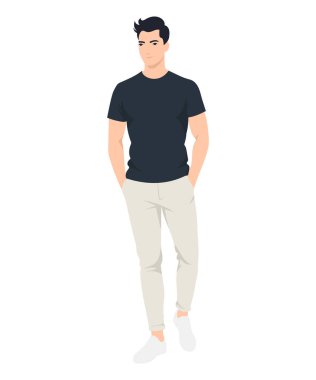 Vektör çizimi. Siyah tişörtlü ve açık renk pantolonlu adam rahat duruyormuş..