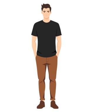 Vektör çizimi. Siyah tişörtlü ve kahverengi pantolonlu adam. Şehirde yürüyüşler ve toplantılar için klasik günlük görünüm.