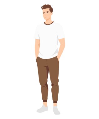 Vektör çizimi. Beyaz tişörtlü ve kahverengi pantolonlu bir adam. Bir yaz günü için şık ve kolay görünüş, rahat ve rahat..