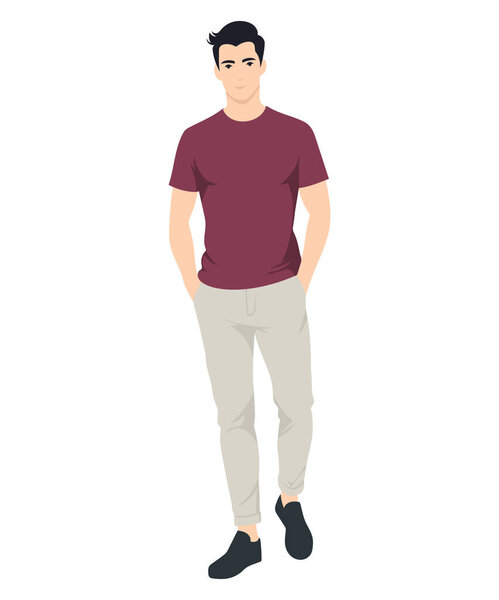Векторная иллюстрация. Молодой человек в бордовых футболках и легких брюках создает расслабленный и стильный летний вид для повседневных прогулок.