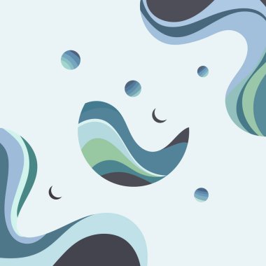 Kozmik bir manzarayı andıran kıpır kıpır şekiller ve küreler içeren soyut bir kompozisyon. Mavi ve yeşil gölgeler sakin ve uyumlu bir etki yaratır..