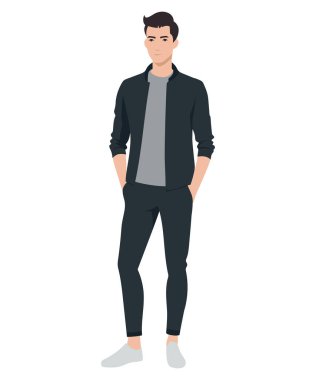 Adam siyah pantolon ve ceket giyiyor. Tarz minimalist ve sıradan görünüyor..