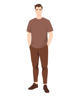 Genç adam sade ve şık görünüşlü, kahverengi tişörtlü ve pantolonlu, günlük kıyafet için mükemmel..