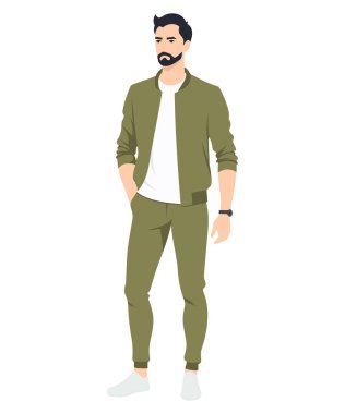 Young man Stylish and unusual image in a green set, bringing freshness and creativity to everyday wardrobe. clipart