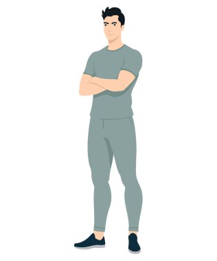 Açık gri eşofmanlı ve açık gri tişörtlü bir adam. Günlük spor ya da eğlence için resim.