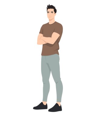 Kahverengi tişörtlü ve açık renk pantolonlu bir adam güvenle duruyor, kolları göğsünde çapraz duruyor..