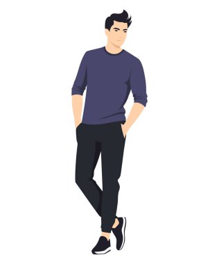 Koyu mavi tişörtlü ve siyah pantolonlu bir adam sportmenliğini ve aktif yaşam tarzını vurguluyor..