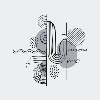 Dikey çizgiler ve dairelerle soyut kompozisyon. Farklı elementleri birbirine bağlayan doğrular düzgün bir şekilde eğrilir.