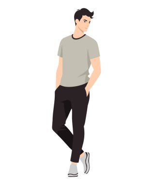 Bej tişörtlü ve siyah pantolonlu bir adam. Ağzı sıkı, lakonik bir imaj. Günlük kıyafetlere uygun. Minimalist bir gardırop için rahat ve şık bir seçenek..