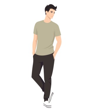 Haki tişörtlü, siyah pantolonlu, elleri cebinde bir adam. Moda imajı, özgüven ve tarzın vurgulanması. Günlük giysiler için uygun, görüntüyü hafifletmek için..