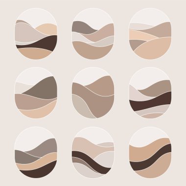 Bej ve kahverengi tonlarda soyut oval şekiller, düzgün dalgalı çizgiler, şık bir geometrik desen yaratıyor. Minimalist projeler ve dekorasyon için uygun.