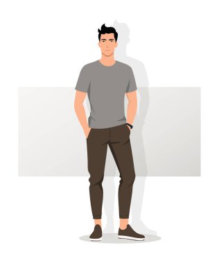 Gri tişörtlü ve siyah pantolonlu adam. Günlük yaşam için rahat ve basit bir imaj olan minimalist arka plan, figürü vurguluyor.