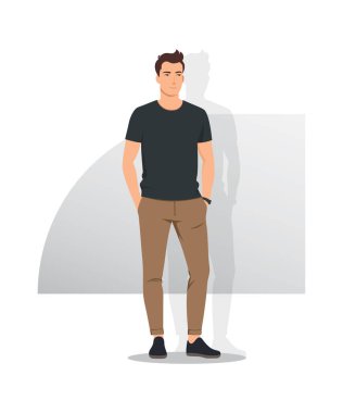 Siyah tişörtlü ve kahverengi pantolonlu adam. Günlük yaşam için rahat ve basit bir imaj olan minimalist arka plan, figürü vurguluyor.