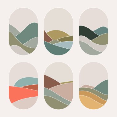 Düz çizgileri ve yeşil ve kahverengi tonlarda soyut manzaraları olan oval elementlerden oluşan bir koleksiyon. Doğal ve ekolojik temalar için ideal.