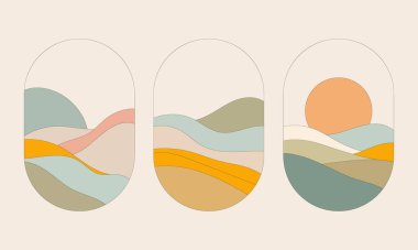 An abstraction with smooth wavy lines of hills and sun. Warm pastel shades are used to create a relaxing background that reflects the calm of nature. clipart