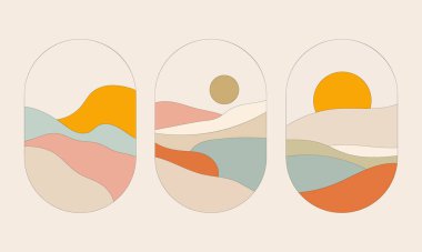 Dalgalı tepeler ve güneş çizgileri olan bir soyutlama. Sıcak pastel gölgeler, doğanın sakinliğini yansıtan rahatlatıcı bir arka plan oluşturmak için kullanılır..