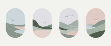 Mavi gökyüzüne karşı tepeler ve kuşların oluşturduğu bir kompozisyon. Doğal ve pastel gölgeler kullanılır. Görüntüyü aydınlık ve havadar yapar. Doğanın güzelliğini yansıtır..