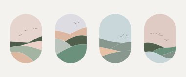 Mavi gökyüzüne karşı tepeler ve kuşların oluşturduğu bir kompozisyon. Doğal ve pastel gölgeler kullanılır. Görüntüyü aydınlık ve havadar yapar. Doğanın güzelliğini yansıtır..