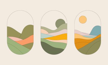 Vektör çizimi. Farklı renkli taşaklı tepenin renkli soyut bir kompozisyonu. Uyumlu bir renk paleti doğanın çekici bir görüntüsünü yaratır..