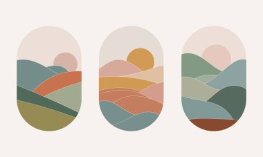 Vektör çizimi. Tepe gibi manzaralar ve ufukta güneş olan sıcak bir illüstrasyon. Oval şekiller ve uyumlu renkler huzur ve sükunet ortamı yaratır..