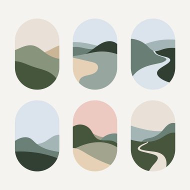 Vektör çizimi. Yumuşak pastel tonlu, kıvrımlı nehirlerle yuvarlanan manzaraları tasvir eden bir çizim. Oval şekilli bu tasarım doğal sükunet ve tazeliğin etkisini yaratır..