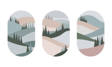 Sessiz pastel renklerle yatay oval şekiller. Alternatif orman alanları ve yuvarlanan vadileri gösterir.