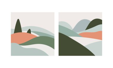 Vektör çizimi. Çam ağaçlı yuvarlanan tepelerin motifi, rüzgarın hareketini hatırlatıyor. Sıcak gölgeler soğuk gölgelerle etkileşir..