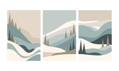 Vektör çizimi. Çam ağaçlı yuvarlanan tepelerin motifi, rüzgarın hareketini hatırlatıyor. Sıcak gölgeler soğuk gölgelerle etkileşir..