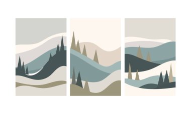 Dawn mountain landscape with pine trees and soft waves of clouds rendered through a pastel palette. clipart