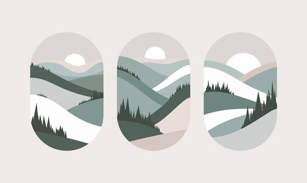 Vector illustration. Image of snowy hills covered with pine forests. A clear contrast between the white peaks and the dark green of the trees.