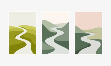 Üç panele bölünmüş kıvrımlı nehri olan canlı yeşil tepeler..