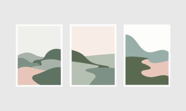 Vector illustration. Decorative triptych with curves in warm browns, beiges and greens depicting a modern abstract landscape. clipart