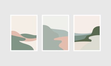 Vector illustration. A triptych with rich greens and blues that flow smoothly into curves, creating the impression of a river running through the mountains. clipart