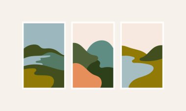 Zıt mavi-yeşil renkler ve düz eğrilerle görsel uyum yaratan soyut bir manzara..