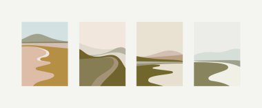 Vektör çizimi. Yumuşak gri-yeşil ve bej tonlarında pürüzsüz renk değişimlerine sahip dört parçadan oluşan bir peyzaj..