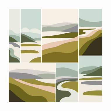 A series of minimalist landscapes made in smooth lines with a green, beige and pastel palette. The scenes depict natural landscapes of fields, hills and river bends. clipart