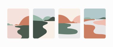 Vektör çizimi. Gün batımını ve tepeleri gösteren yumuşak çizgileri olan soyut dikdörtgen elementler. Renklerin ince değişimleri dinamik ve barış yaratır.