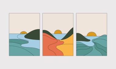 Vektör çizimi. Güneş tepeden doğuyor. Ilık altın gölgeler yumuşak yeşilimsi tonlarla sarmaş dolaş, rahatlatıcı bir görüntü yaratıyor..