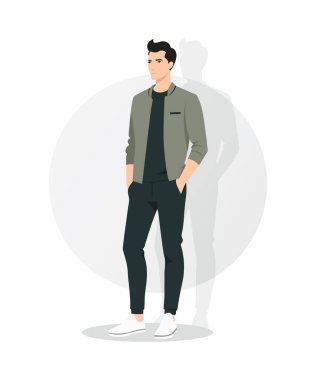 Vektör çizimi. Siyah pantolon ve siyah ceketli lakonik bir görünüm. Klasik renklerin kombinasyonu her olay için uygundur.